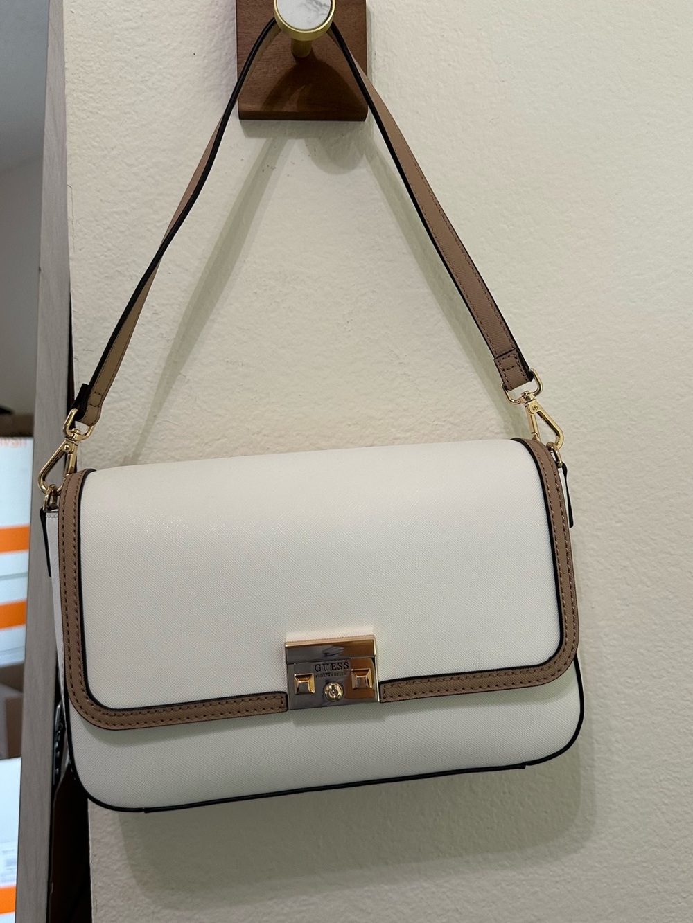 Guess White and Taupe Shoulder Bag with Gold Hardware